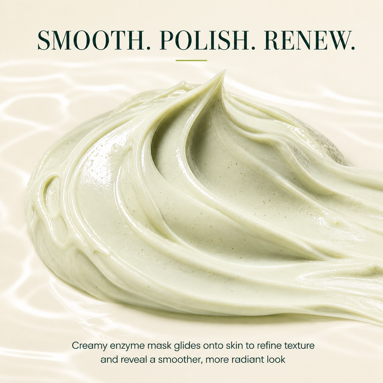 Creamy green enzyme mask texture swirl, DEHAZ Green Caviar & Enzymes Mask glides onto skin to refine texture and reveal a smoother, more radiant look