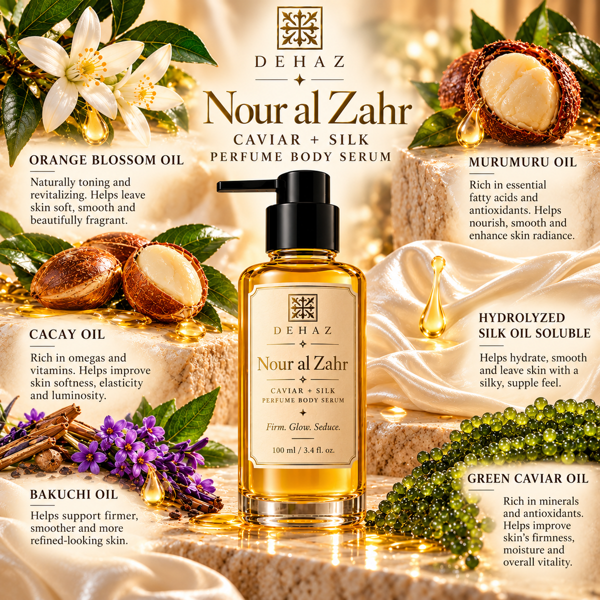 DEHAZ Nour al Zahr Caviar + Silk Perfume Body Serum with orange blossom, cacay oil, bakuchi oil, murumuru oil, hydrolyzed silk and green caviar oil ingredient highlights.