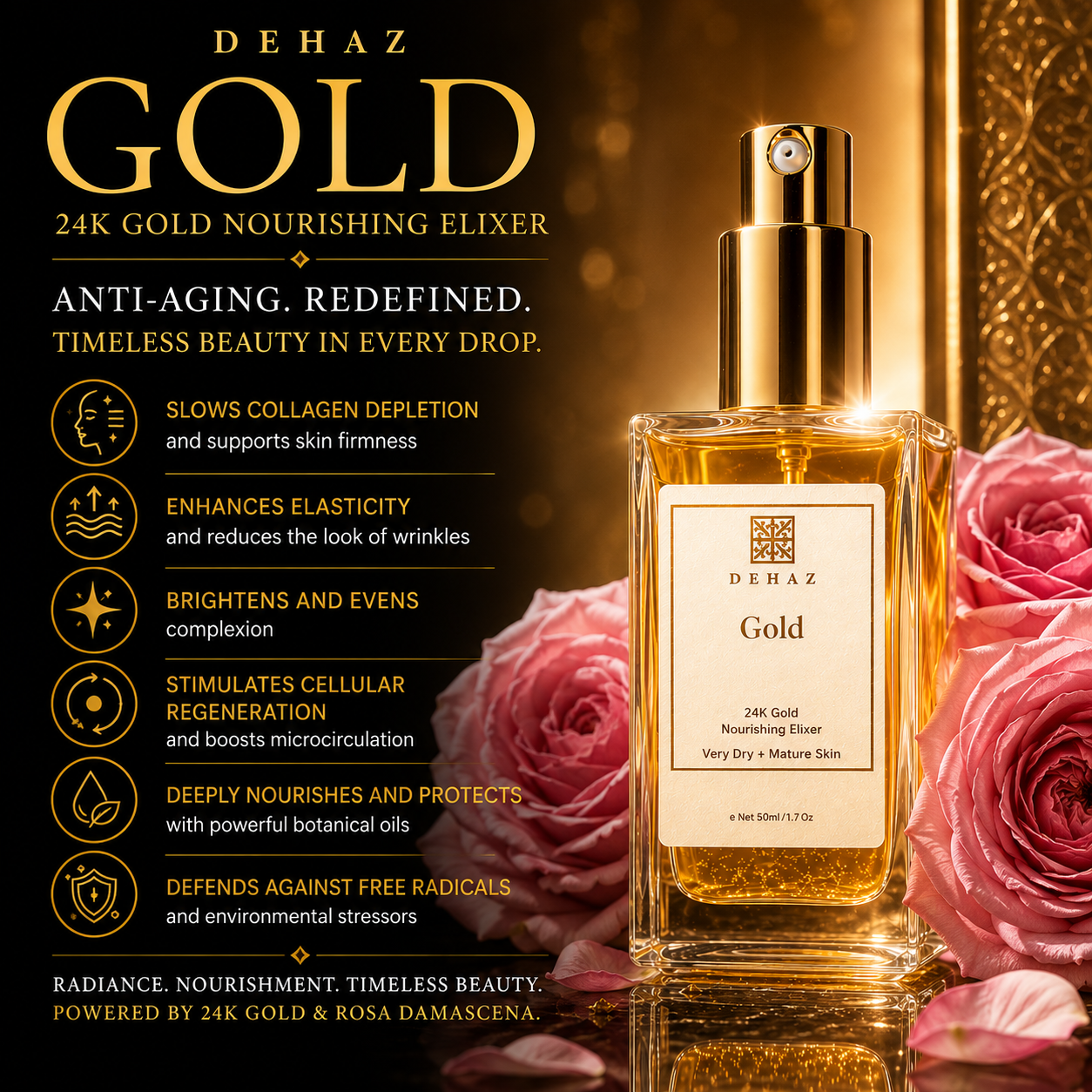 DEHAZ GOLD 24K Gold Nourishing Elixir for Very Dry and Mature Skin, 50ml/1.7oz gold glass bottle with pink rose petals and gold flakes