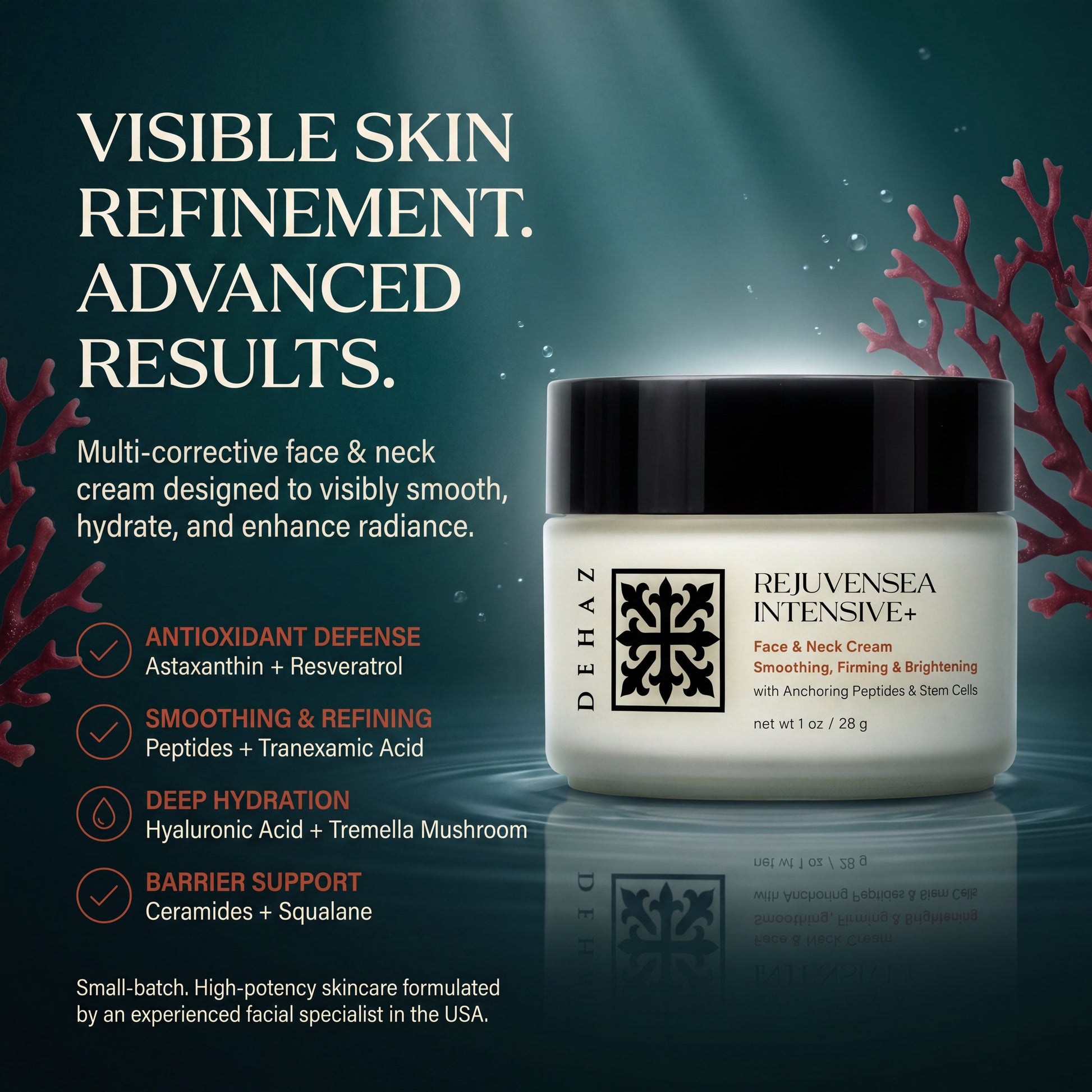 DEHAZ RejuvenSea Intensive+ Face & Neck Cream 28g — visible skin refinement advanced results with Astaxanthin and Resveratrol antioxidant defense, Peptides and Tranexamic Acid smoothing, Hyaluronic Acid and Snow Mushroom deep hydration, Ceramides and Squalane barrier support