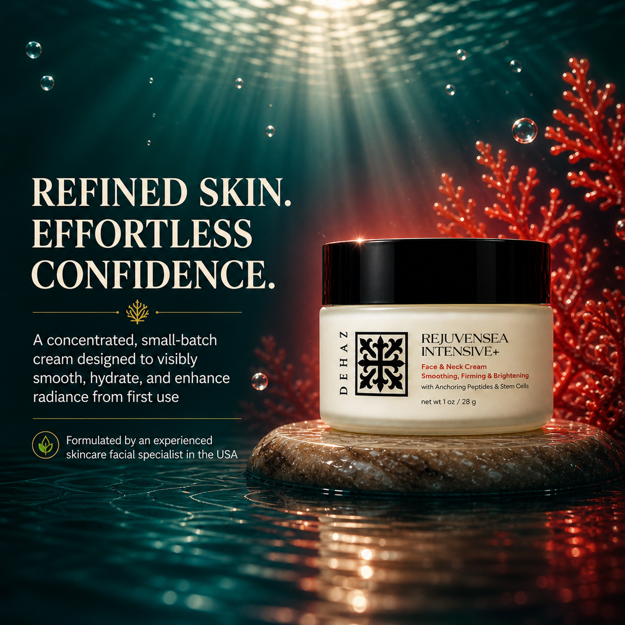 DEHAZ RejuvenSea Intensive+ Face & Neck Cream 1oz — refined skin effortless confidence, concentrated small-batch anti-aging cream designed to visibly smooth hydrate and enhance radiance formulated by an experienced skincare facial specialist in the USA