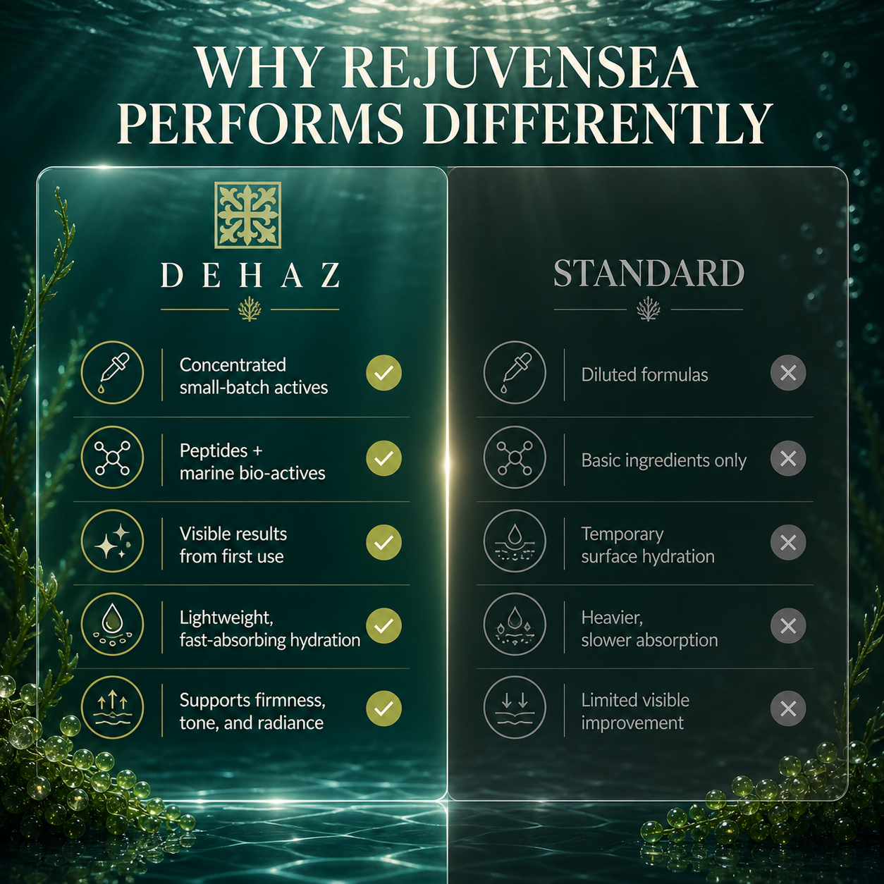DEHAZ RejuvenSea Intensive+ Face & Neck Cream vs standard creams — concentrated small-batch actives, peptides and marine bio-actives, visible results from first use, lightweight fast-absorbing hydration, supports the appearance of firmness tone and radiance