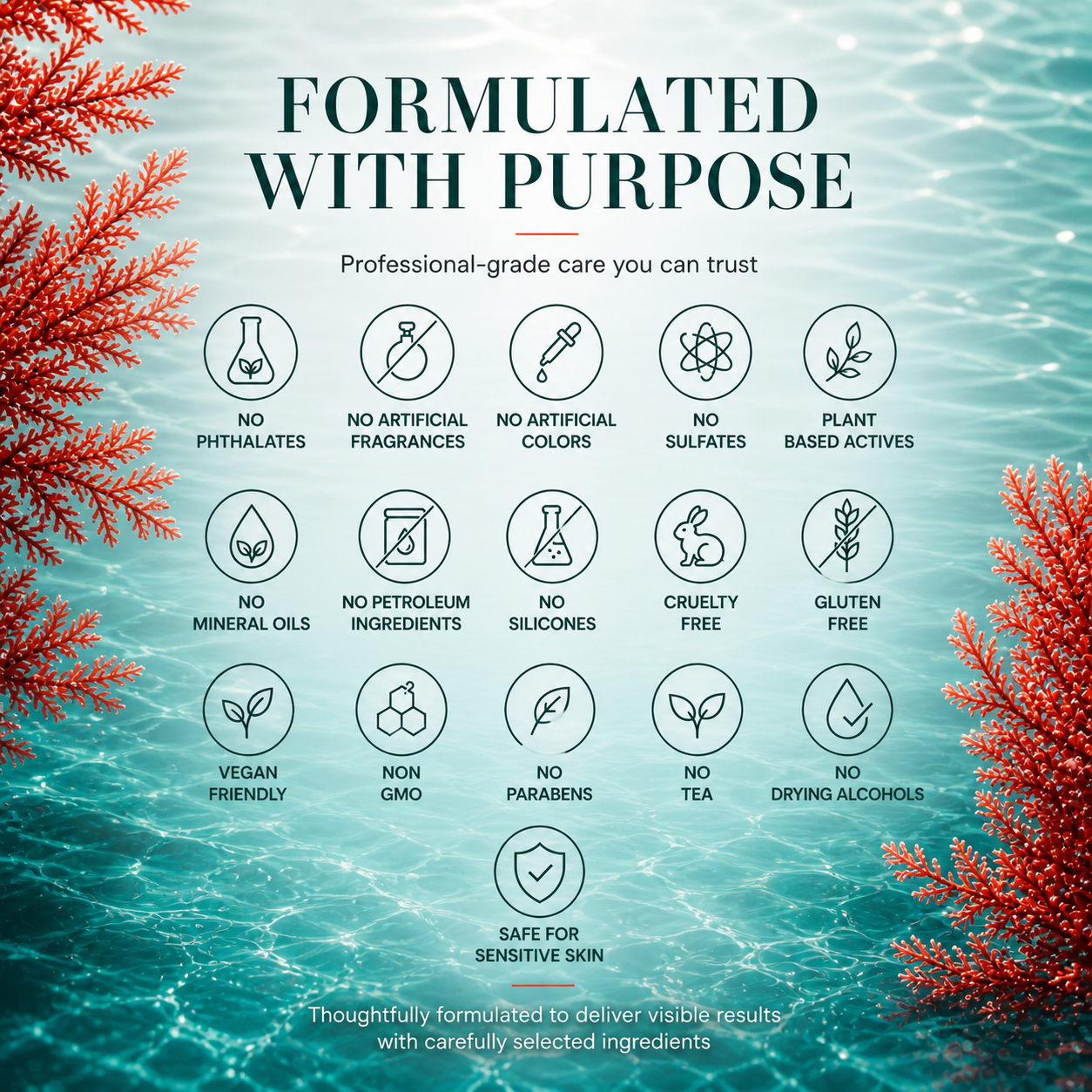 DEHAZ RejuvenSea Intensive+ Face & Neck Serum — formulated with purpose, no phthalates, no artificial fragrances, no artificial colors, no sulfates, no mineral oils, no silicones, no parabens, cruelty free, vegan friendly, non GMO, gluten free, safe for sensitive skin