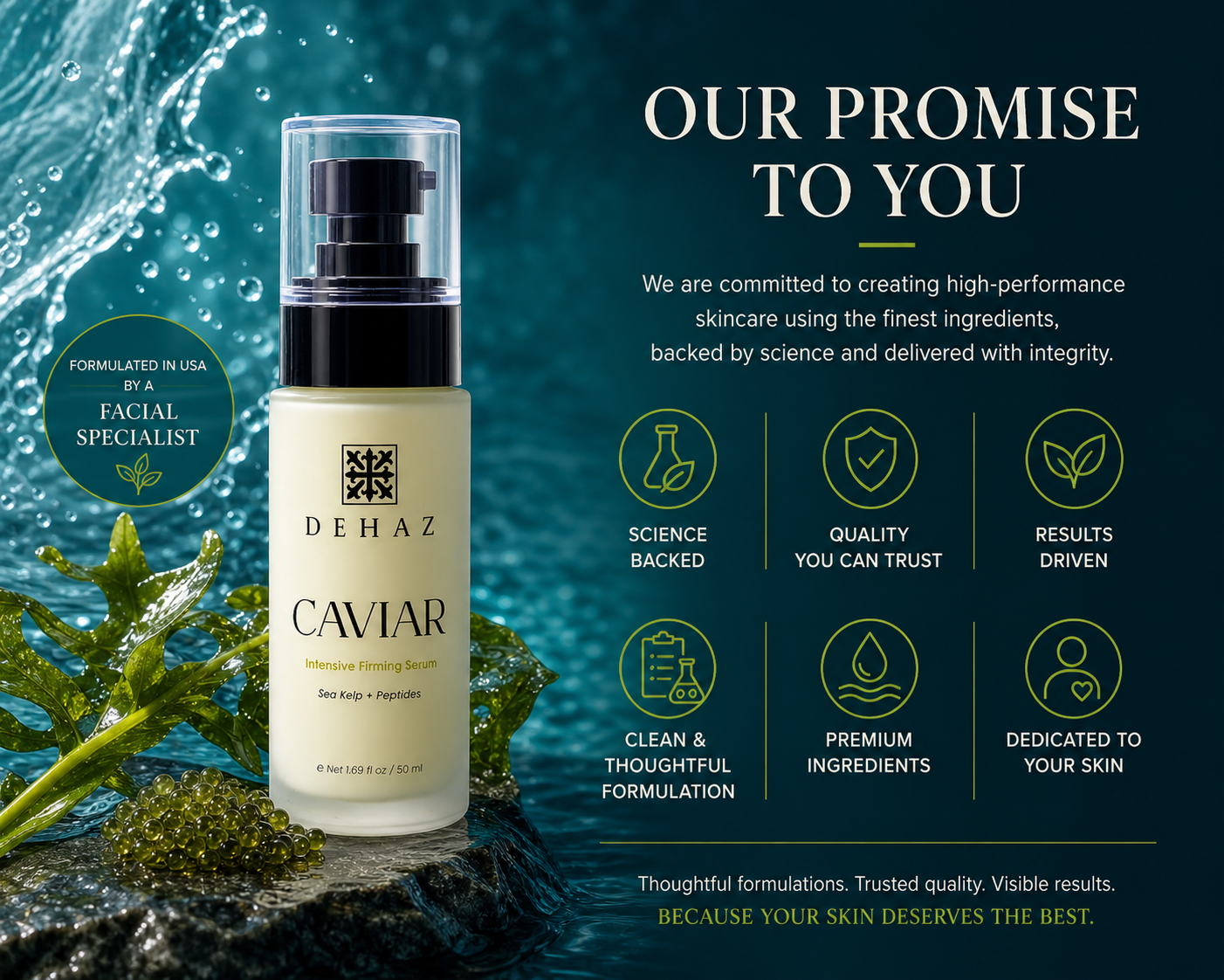 DEHAZ Caviar Intensive Firming Serum with sea kelp and peptides bottle beside seaweed, ocean-derived actives to improve elasticity, texture, and radiance