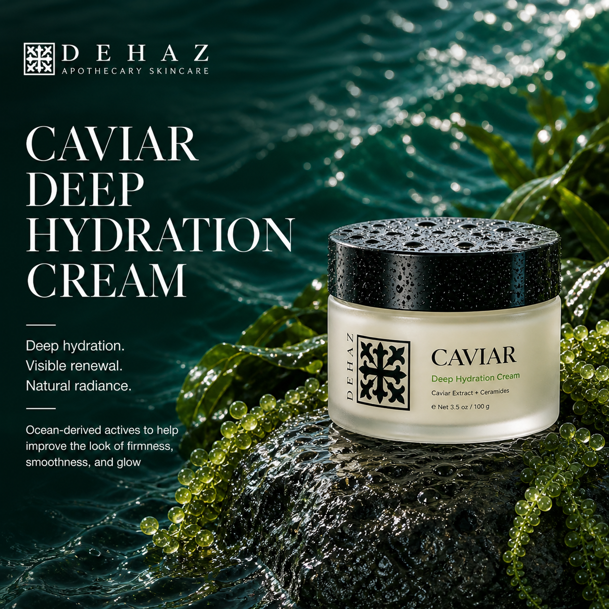 DEHAZ Caviar Deep Hydration Cream jar on wet rock with green sea kelp, ocean-derived actives for firmer, smoother, radiant-looking skin