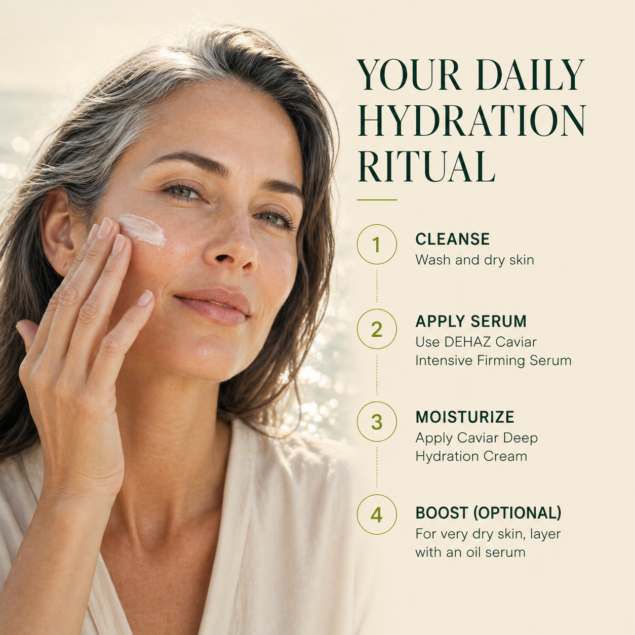 Woman applying face cream as part of DEHAZ daily hydration ritual, four-step routine: cleanse, apply serum, moisturize, boost