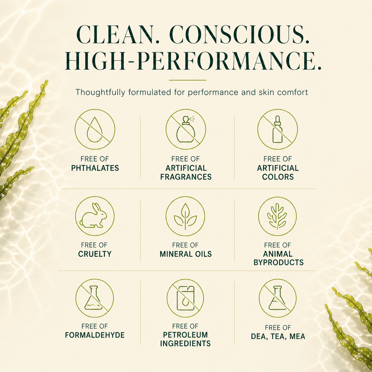 DEHAZ clean beauty icons showing formula free of phthalates, artificial fragrances, artificial colors, cruelty, mineral oils, animal byproducts, formaldehyde, petroleum ingredients, and DEA/TEA/MEA