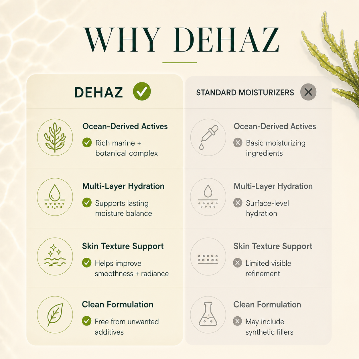 Comparison chart showing DEHAZ ocean-derived actives, multi-layer hydration, skin texture support, and clean formulation versus standard moisturizers