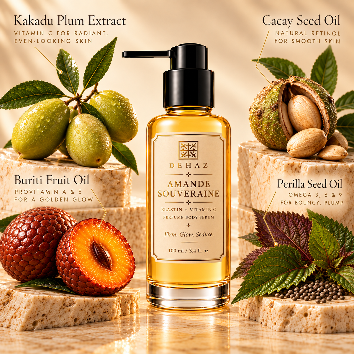 DEHAZ Amande Souveraine Elastin + Vitamin C Perfume Body Serum with botanical oils and extracts