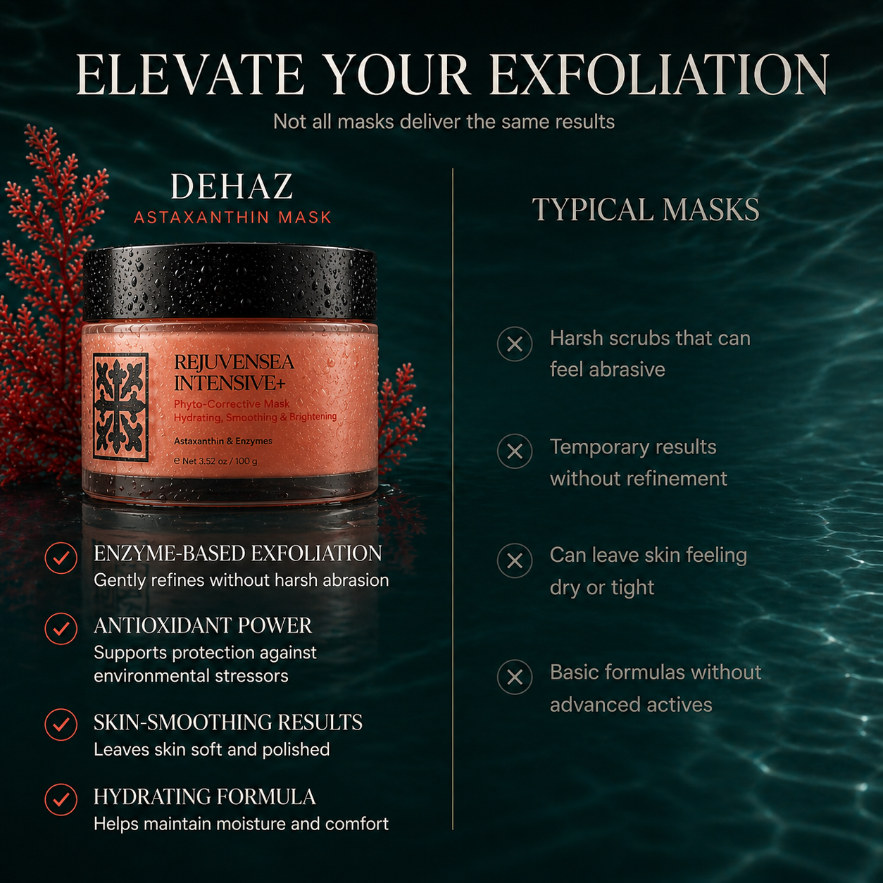 DEHAZ RejuvenSea Astaxanthin Mask vs typical masks — enzyme-based exfoliation, antioxidant power, skin-smoothing results and hydrating formula without harsh abrasion or dryness