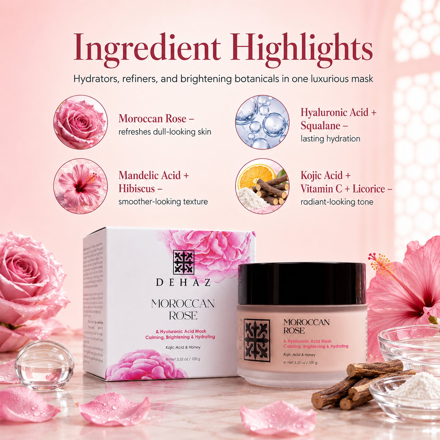 DEHAZ Moroccan Rose & Honey Hydrating Face Mask- 3.4 oz / 100 ml