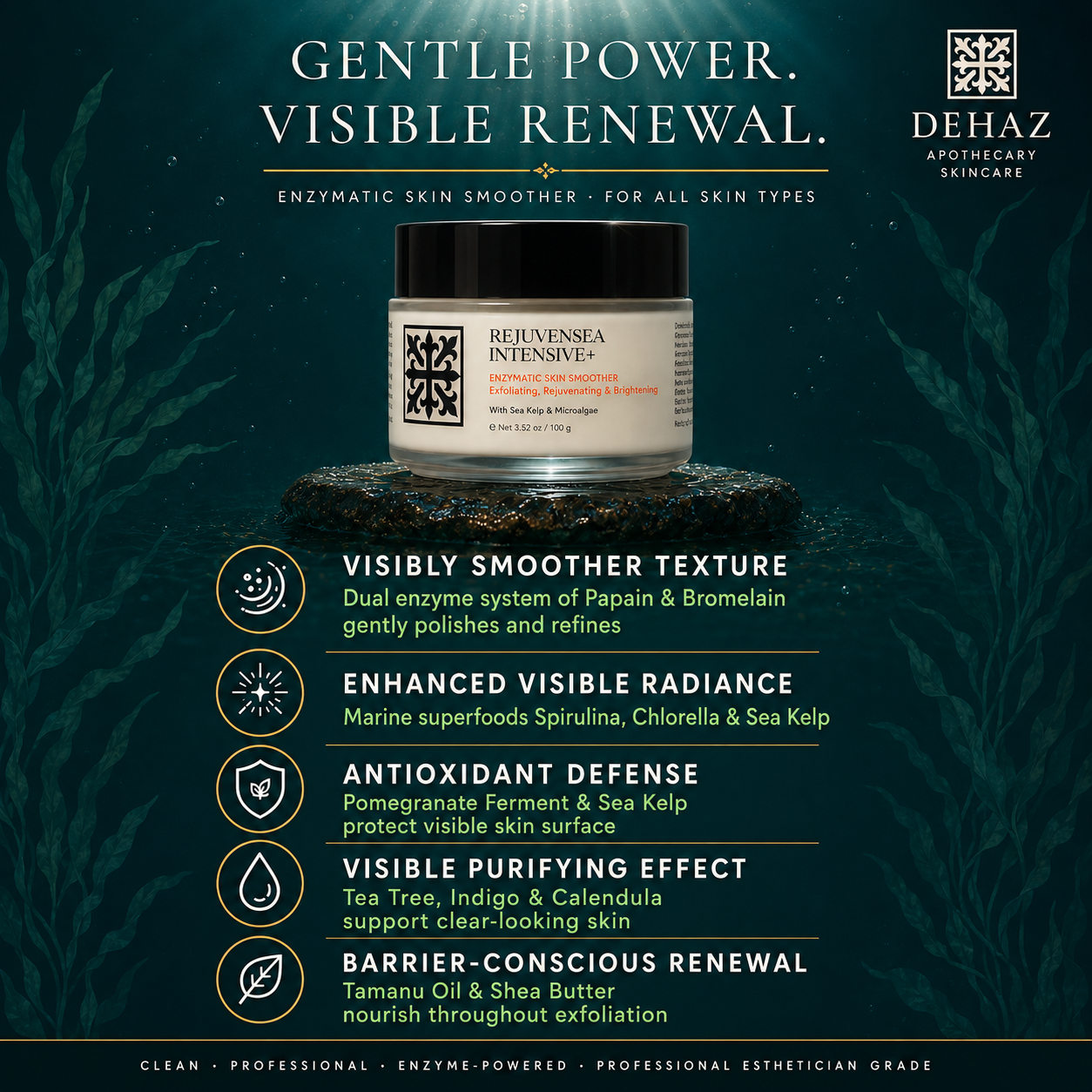 DEHAZ RejuvenSea Intensive+ Enzymatic Skin Smoother — gentle power visible renewal, visibly smoother texture with Papain and Bromelain dual enzyme system, enhanced visible radiance with Spirulina Chlorella and Sea Kelp, antioxidant defense with Pomegranate Ferment, visible purifying effect with Tea Tree Indigo and Calendula, barrier-conscious renewal with Tamanu Oil and Shea Butter, clean professional enzyme-powered professional esthetician grade