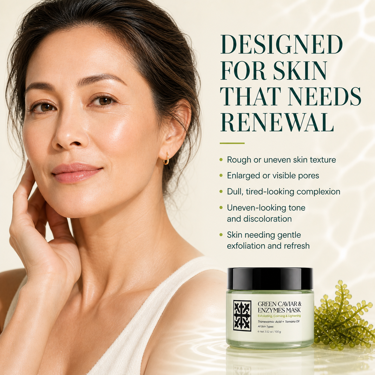 Woman with radiant skin, DEHAZ Green Caviar & Enzymes Mask designed for rough texture, enlarged pores, dullness, uneven tone, and skin needing gentle exfoliation