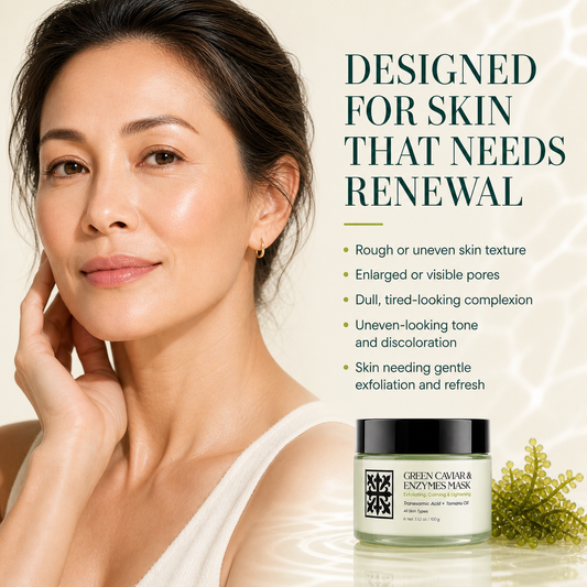 Woman with radiant skin, DEHAZ Green Caviar & Enzymes Mask designed for rough texture, enlarged pores, dullness, uneven tone, and skin needing gentle exfoliation