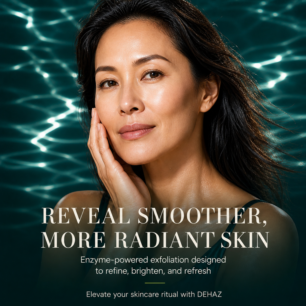 Woman with glowing skin, DEHAZ enzyme-powered exfoliation designed to refine, brighten, and refresh the complexion