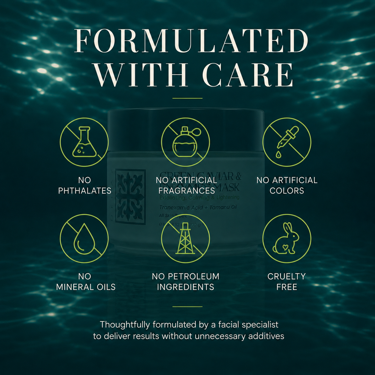 DEHAZ Green Caviar & Enzymes Mask formulated with care icons: no phthalates, no artificial fragrances, no artificial colors, no mineral oils, no petroleum ingredients, cruelty free