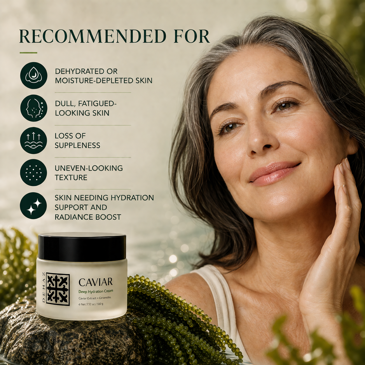 Woman with radiant skin next to DEHAZ Caviar Deep Hydration Cream jar, recommended for dehydrated, dull, or uneven-looking skin needing hydration support