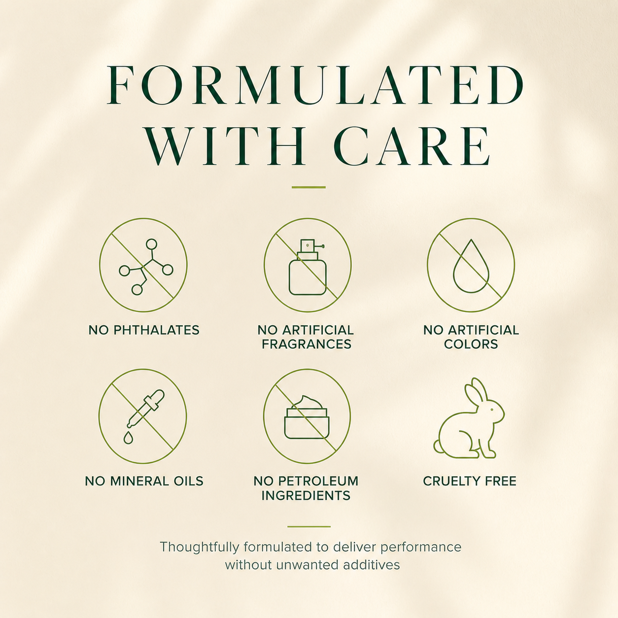 DEHAZ formulated with care icons: no phthalates, no artificial fragrances, no artificial colors, no mineral oils, no petroleum ingredients, cruelty free