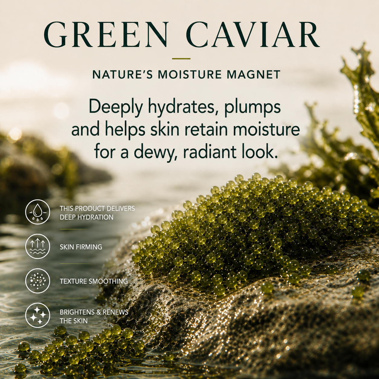 Close-up of green caviar algae beads on wet rock, nature's moisture magnet delivering deep hydration, firming, texture smoothing, and radiance