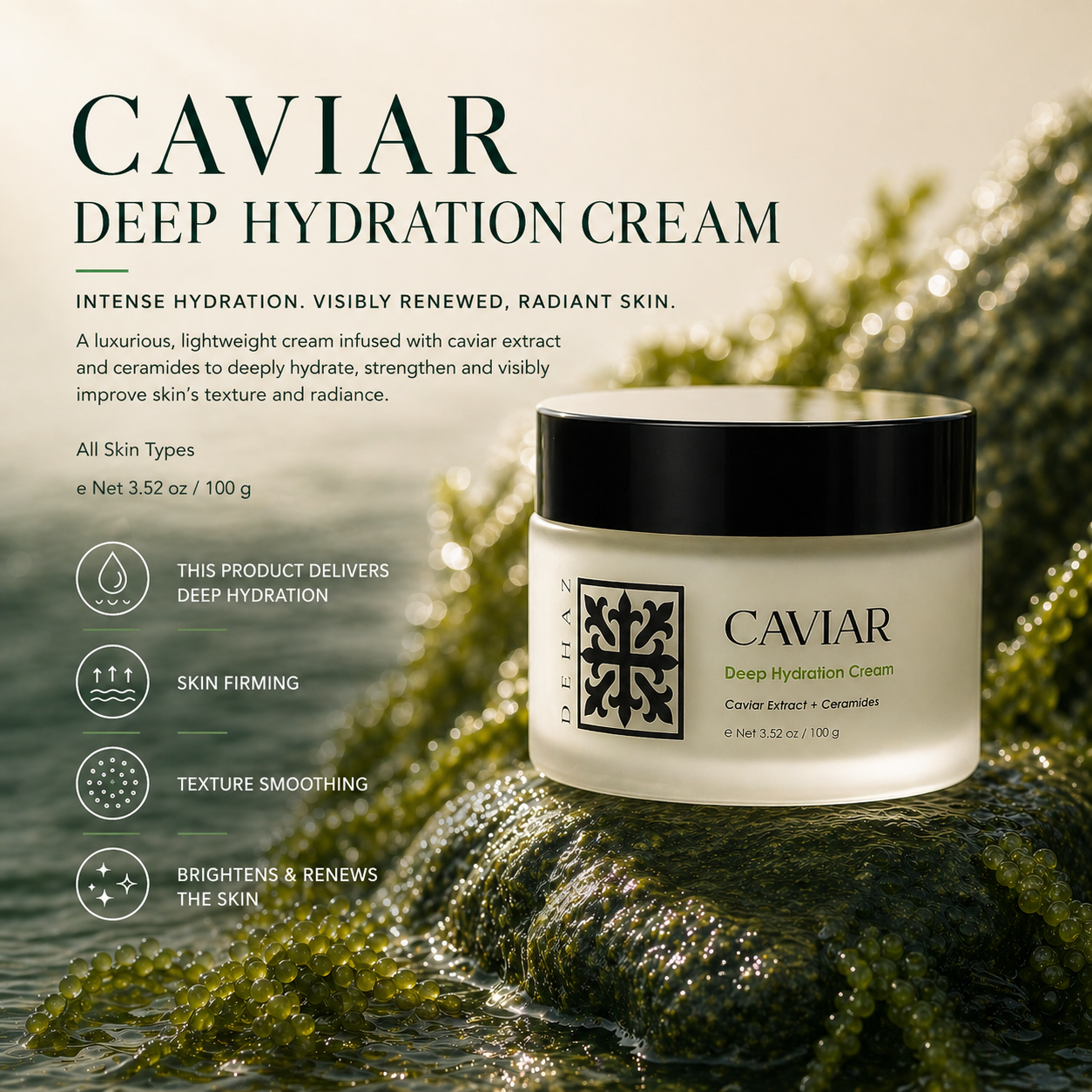 DEHAZ Caviar Deep Hydration Cream jar with caviar extract and ceramides, 3.52 oz, for all skin types, intense hydration and visibly renewed radiant skin