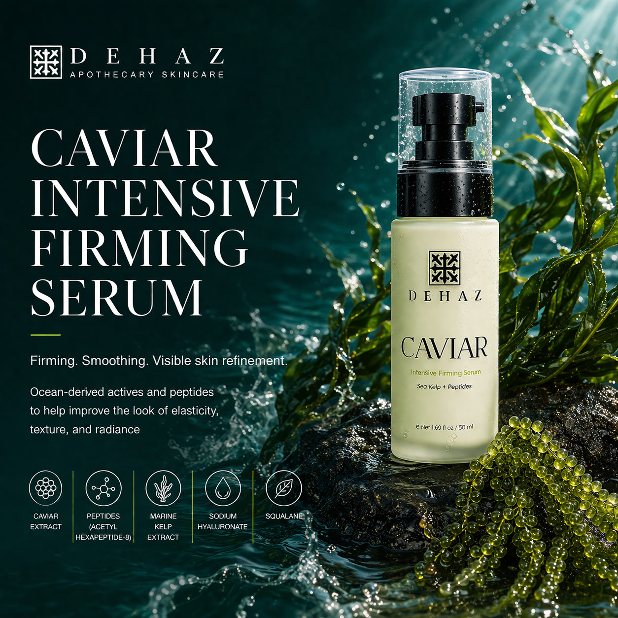 DEHAZ Caviar Intensive Firming Serum bottle with green caviar beads and sea kelp on wet black rock, firming, smoothing, visible refinement with ocean-derived actives and peptides