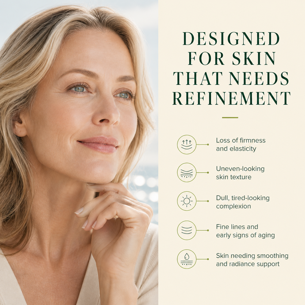 Woman with radiant skin beside DEHAZ Caviar Intensive Firming Serum and Deep Hydration Cream by the ocean, refined skin and effortless everyday glow