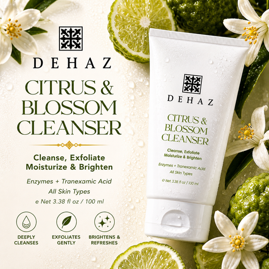 DEHAZ Citrus & Blossom Foaming Oil Cleanser 100ml — luxury brightening oil-to-foam cleanser with Neroli Blossom Oil, Tranexamic Acid, Niacinamide, Black Seed Oil and Apricot Kernel Oil