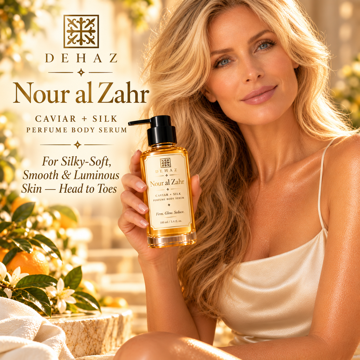 Blonde woman holding DEHAZ Nour al Zahr Caviar + Silk Perfume Body Serum, a luxury body serum for silky-soft, smooth and luminous-looking skin.