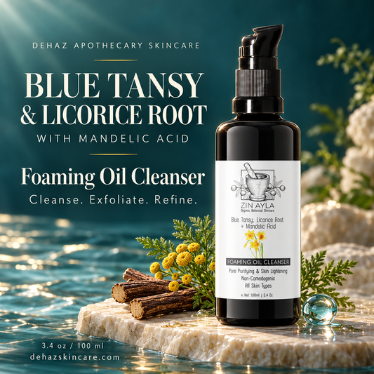 DEHAZ Blue Tansy, Licorice Root & Mandelic Acid Foaming Oil Cleanser in a black pump bottle beside licorice roots and botanicals against a teal background.