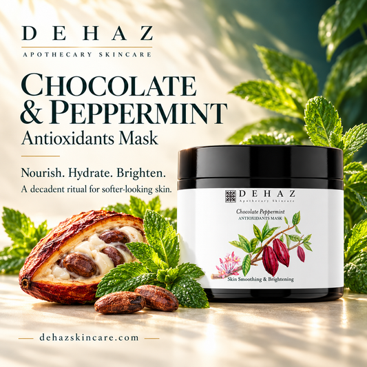 DEHAZ Chocolate & Peppermint Antioxidants Mask jar beside an open cacao pod, two cocoa beans and fresh peppermint on an ivory and teal background.