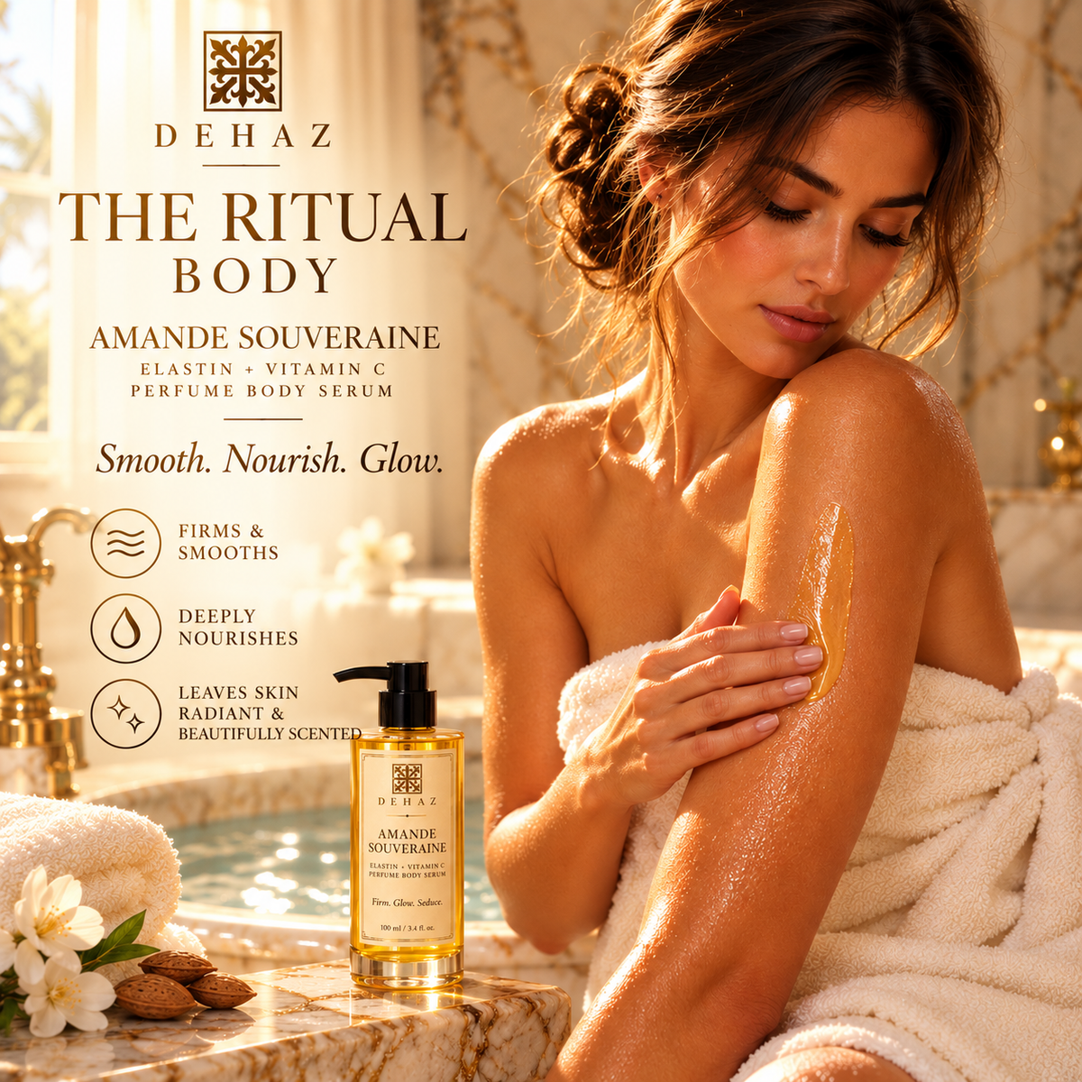 Woman applying DEHAZ Amande Souveraine Perfume Body Serum to her arm during a luxury body care ritual