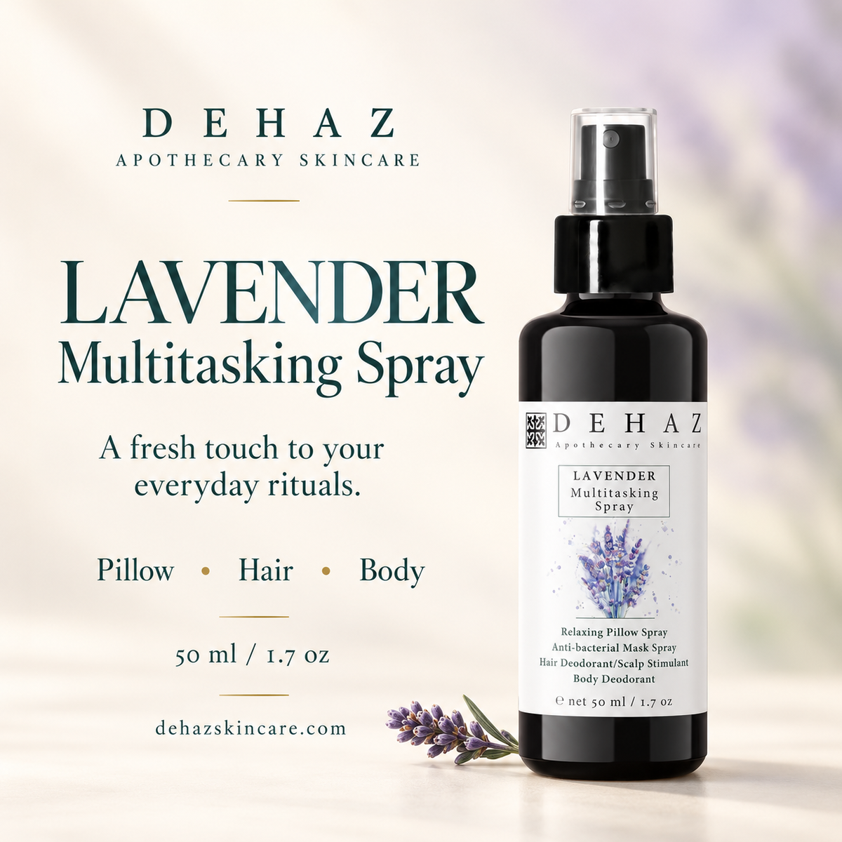 DEHAZ Lavender Multitasking Spray, 50 ml, in a black spray bottle beside a lavender sprig on an ivory background, highlighting pillow, hair and body uses.