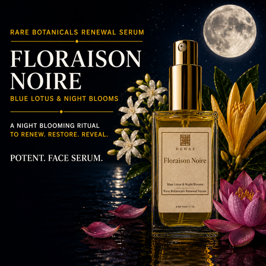 DEHAZ Floraison Noire Rare Botanicals Renewal Serum with Blue Lotus & Night Blooms, 50ml/1.7oz gold glass bottle beside pink lotus flowers and full moon reflection on water