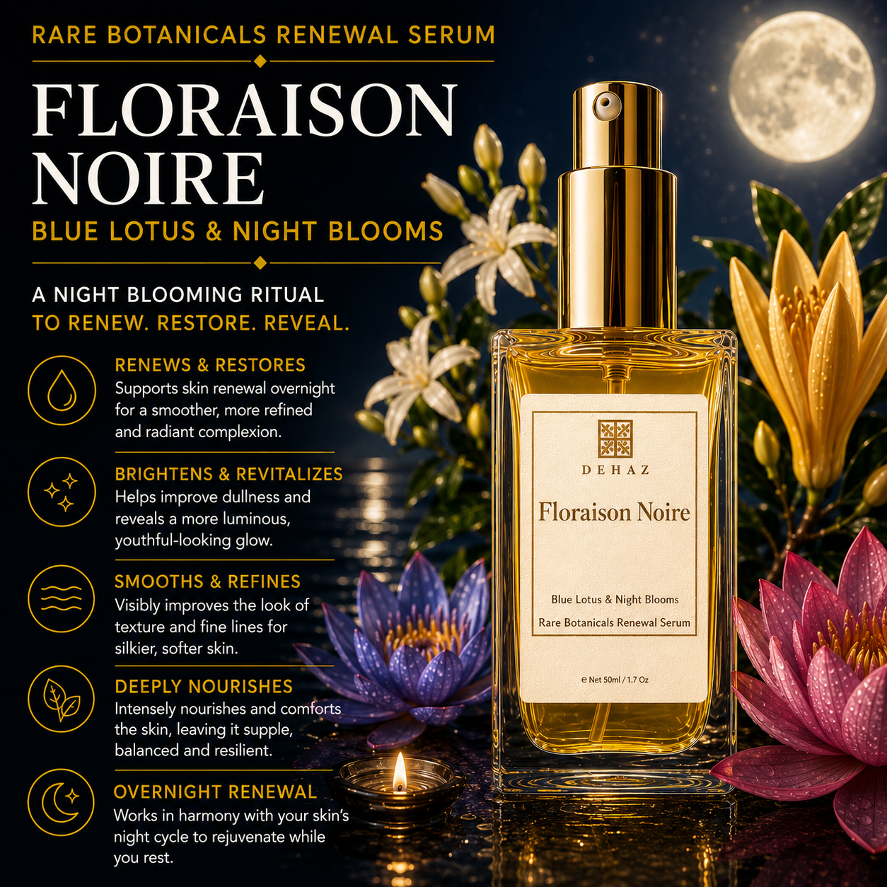 Floraison Noire key ingredients: Blue Lotus, Pink Lotus, Night-Blooming Jasmine, Juhi Jasmine, Tuberose, Champaca, and Osmanthus Absolutes with Sandalwood Oil for radiant, renewed skin