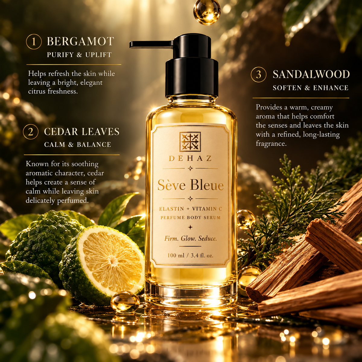 DEHAZ Sève Bleue Perfume Body Serum highlighting Elastin, Tucuma, Ucuuba, Cacay, Kukui Nut and Buriti oils for soft, smooth, supple and luminous-looking skin.