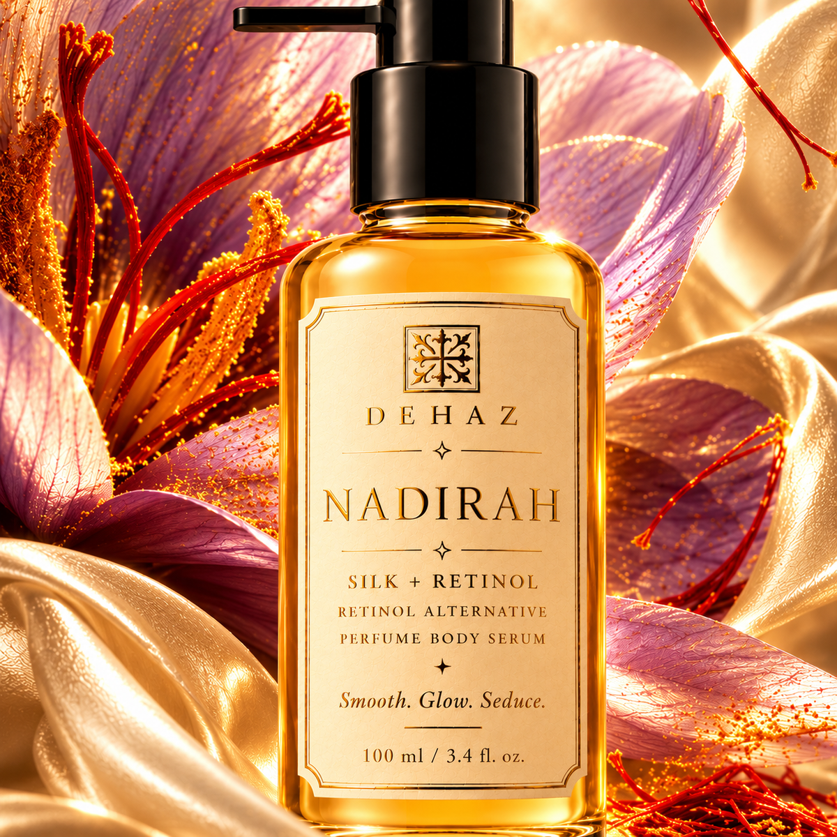 DEHAZ NADIRAH Silk + Retinol Alternative Perfume Body Serum with saffron flower and ivory silk