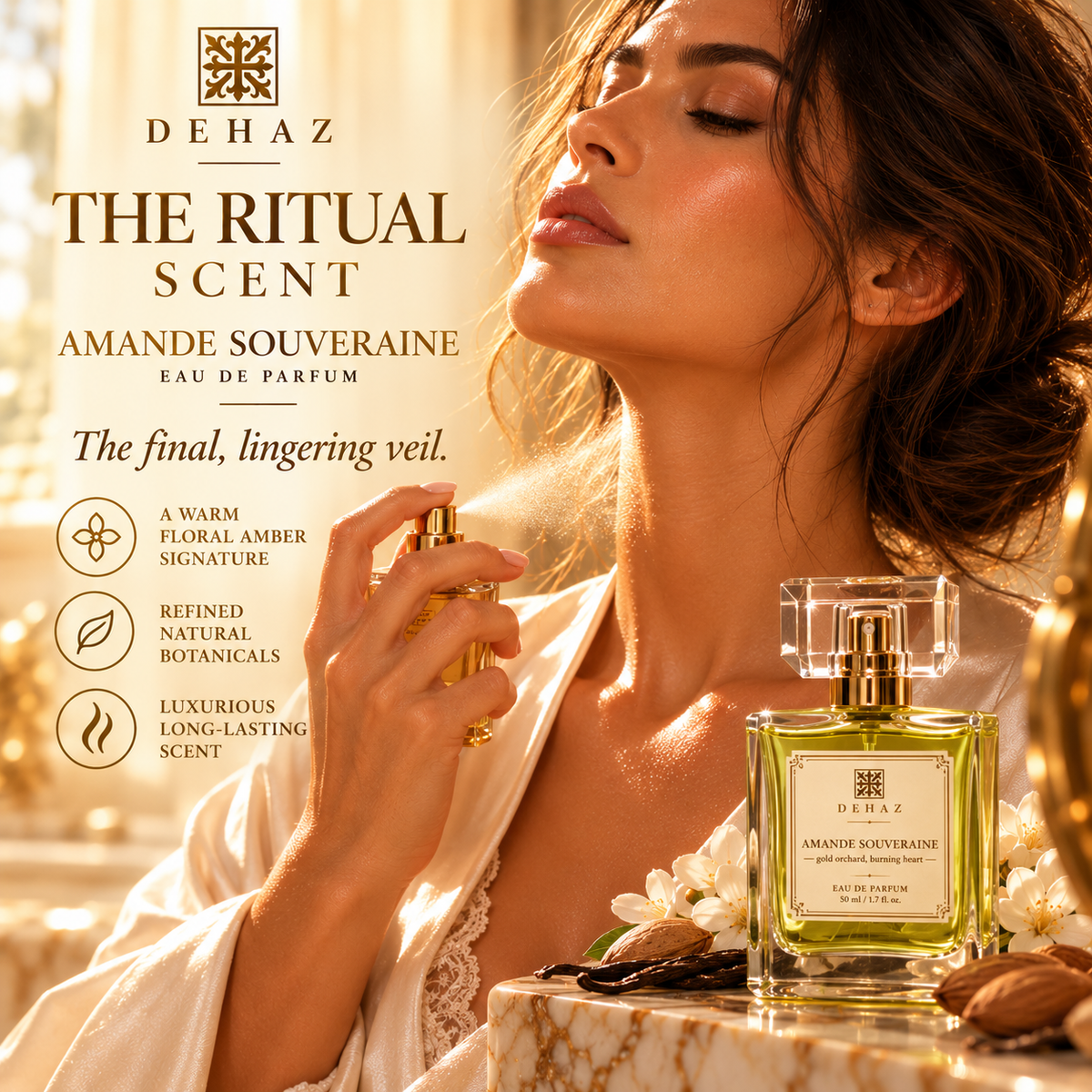 Woman applying DEHAZ Amande Souveraine Eau de Parfum during a luxury fragrance ritual