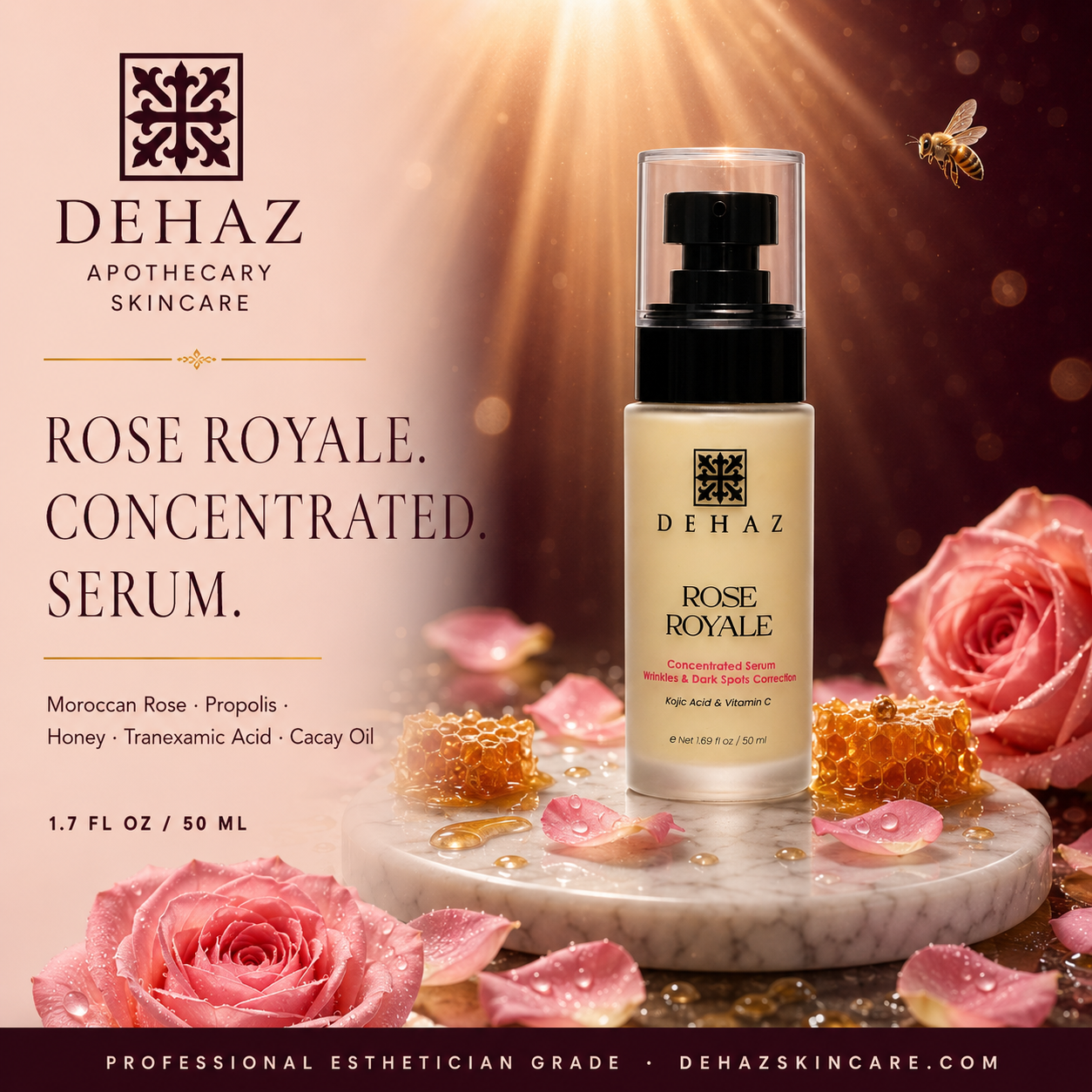 DEHAZ Rose Royale Concentrated Serum 50ml pump bottle — luxury anti-aging and brightening concentrated serum with Rosa Damascena, Propolis, Honey, Tranexamic Acid and Cacay Oil, professional esthetician grade, visibly corrects wrinkles and dark spots appearance, dehazskincare.com