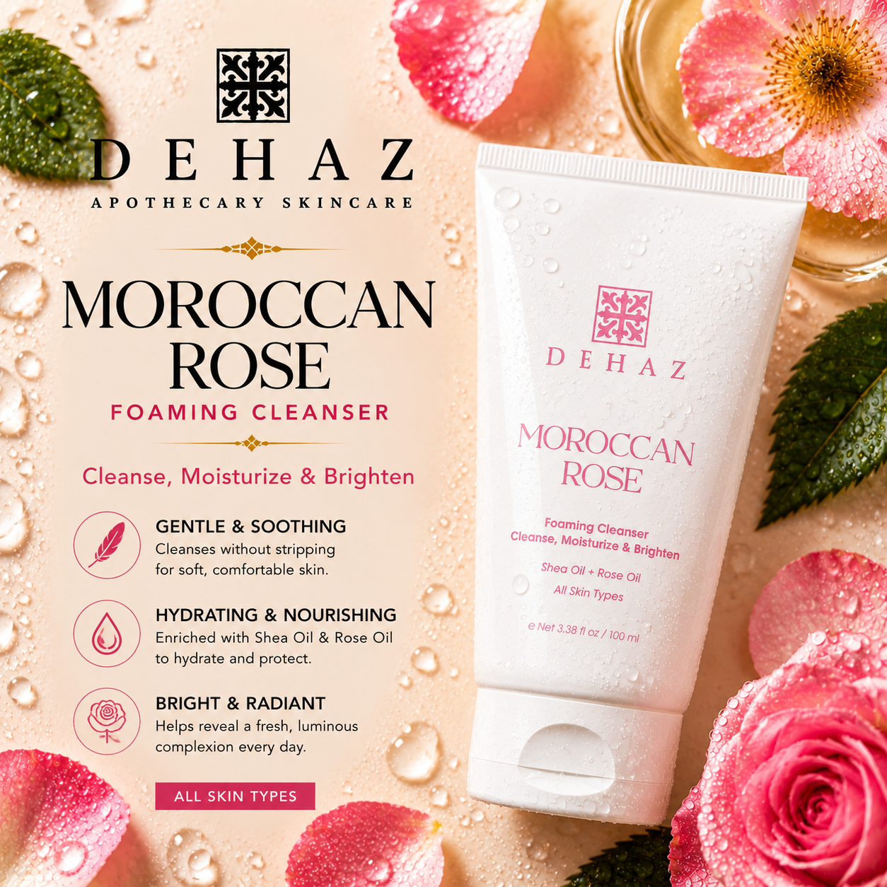 DEHAZ Moroccan Rose Foaming Oil Cleanser 100ml — luxury oil-to-foam facial cleanser with Rosa Damascena Oil, Rosehip Oil, Tamanu Oil, Papaya Enzyme and Hibiscus Extract for all skin types