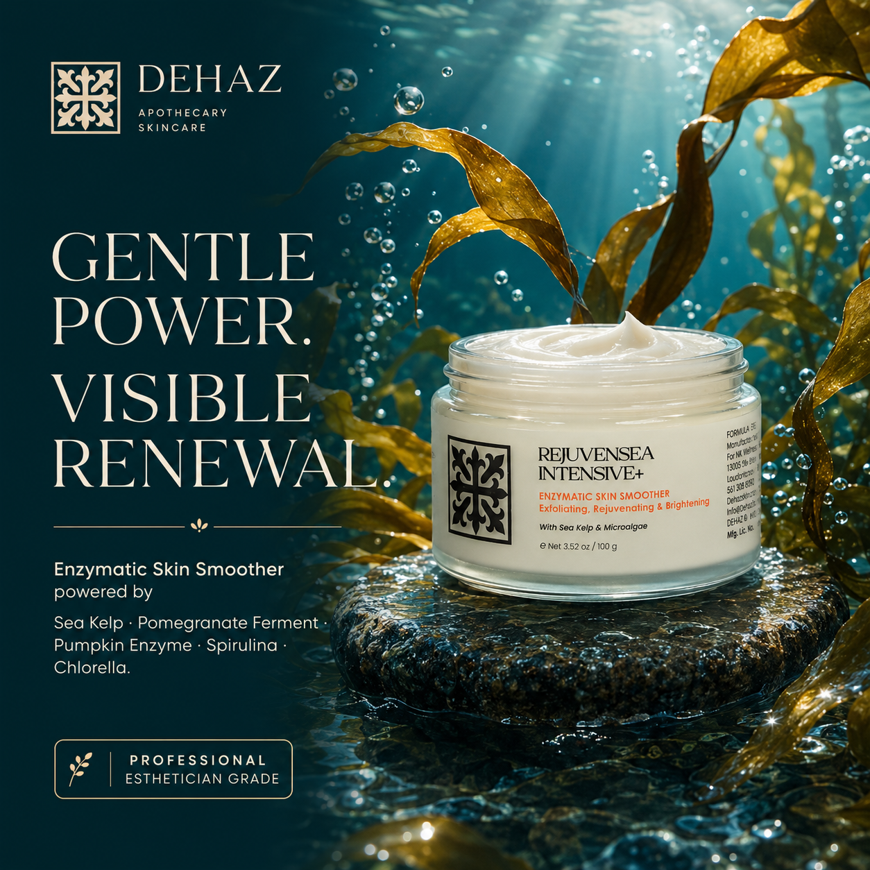 DEHAZ RejuvenSea Intensive+ Enzymatic Skin Smoother 100g open jar — gentle power visible renewal, enzymatic skin smoother powered by Sea Kelp, Pomegranate Ferment, Pumpkin Enzyme, Spirulina and Chlorella, professional esthetician grade, underwater sea kelp forest background