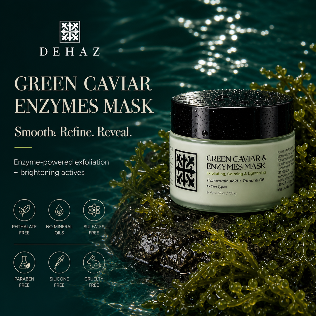 DEHAZ Green Caviar & Enzymes Mask jar with sea kelp, smooth, refine, reveal, enzyme-powered exfoliation and brightening actives