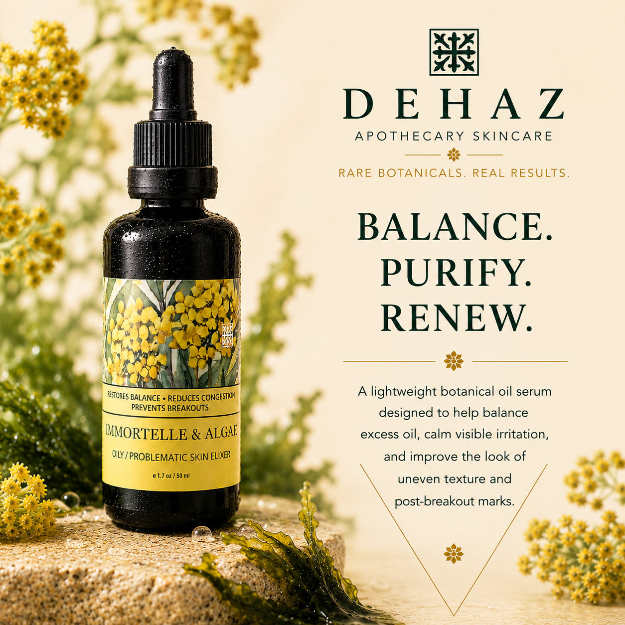 DEHAZ Immortelle Algae Balancing Facial Oil Serum lightweight botanical oily skin 1.7 oz