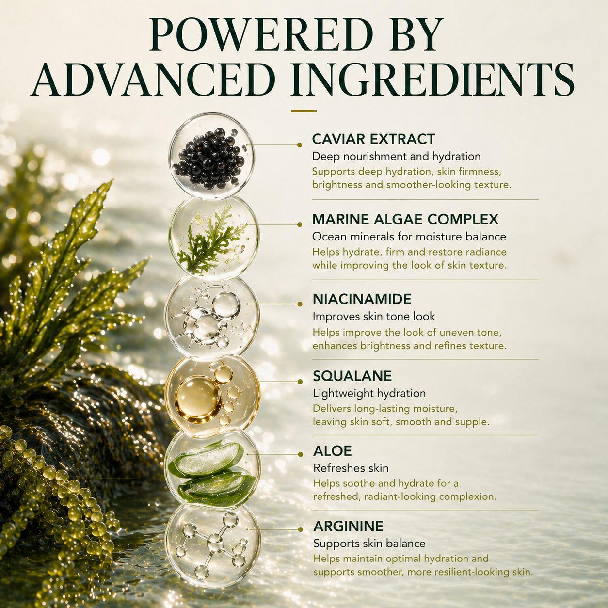 DEHAZ Caviar Deep Hydration Cream key ingredients: caviar extract, marine algae complex, niacinamide, squalane, aloe, and arginine for hydration and skin firmness
