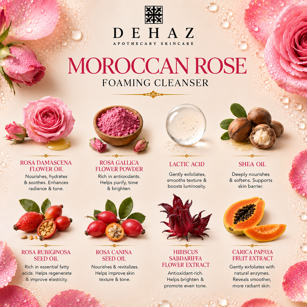 DEHAZ Moroccan Rose Foaming Oil Cleanser key ingredients — Rosa Damascena, Rosa Gallica Flower Powder, Rosehip Oil, Tamanu Oil, Shea Oil, Papaya Enzyme, Hibiscus Extract, Vitamin E