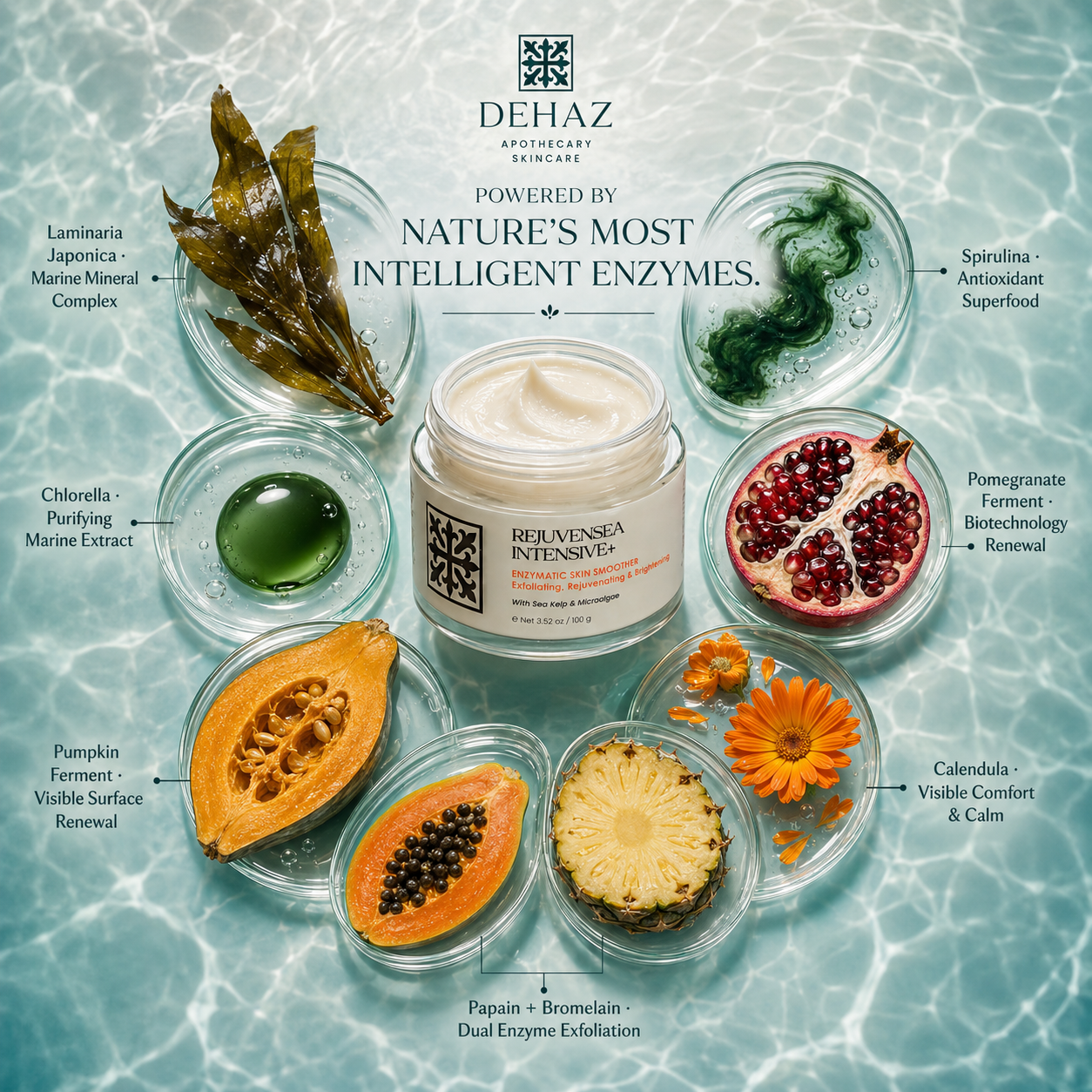 DEHAZ RejuvenSea Intensive+ Enzymatic Skin Smoother powered by nature's most intelligent enzymes — Laminaria Japonica marine mineral complex, Spirulina antioxidant superfood, Chlorella purifying marine extract, Pomegranate Ferment biotechnology renewal, Pumpkin Ferment visible surface renewal, Papain and Bromelain dual enzyme exfoliation, Calendula visible comfort and calm