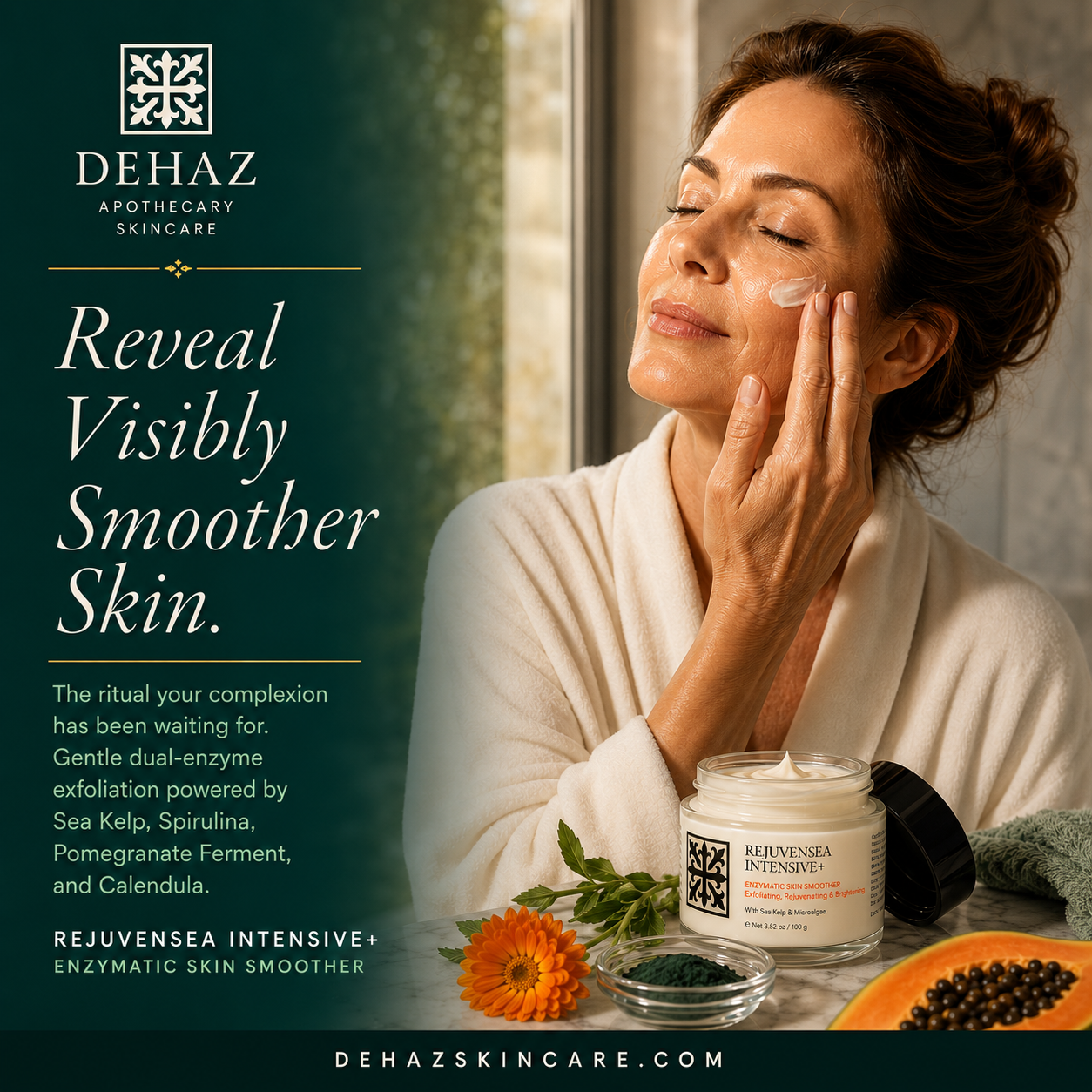 DEHAZ RejuvenSea Intensive+ Enzymatic Skin Smoother lifestyle — reveal visibly smoother skin, the ritual your complexion has been waiting for, gentle dual-enzyme exfoliation powered by Sea Kelp Spirulina Pomegranate Ferment and Calendula, confident woman applying enzymatic skin smoother, dehazskincare.com