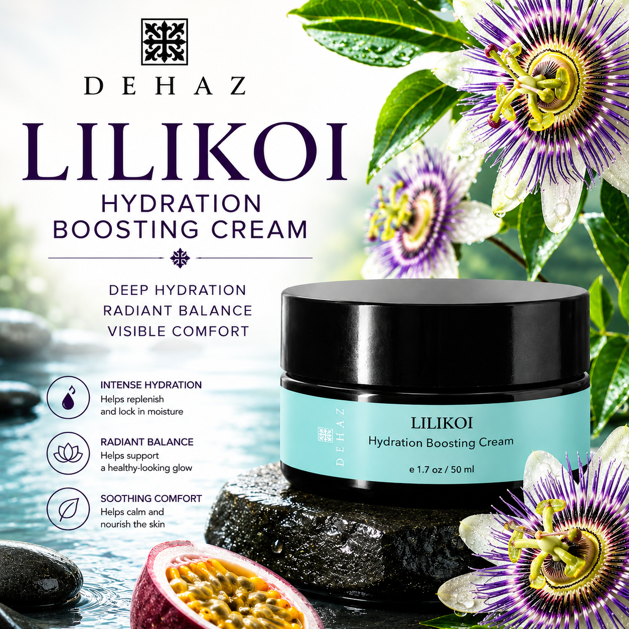 DEHAZ Lilikoi Hydration Boosting Cream 50ml teal label — professional deep moisture cream with Snow Mushroom, Ectoin, Bisabolol and Hyaluronic Acid