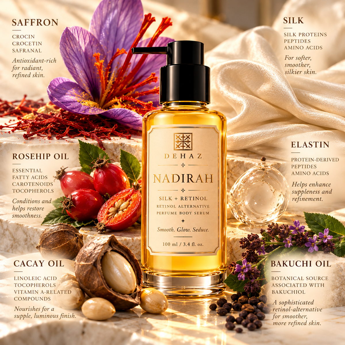 DEHAZ NADIRAH Perfume Body Serum with saffron, silk, rosehip, cacay and bakuchi ingredients