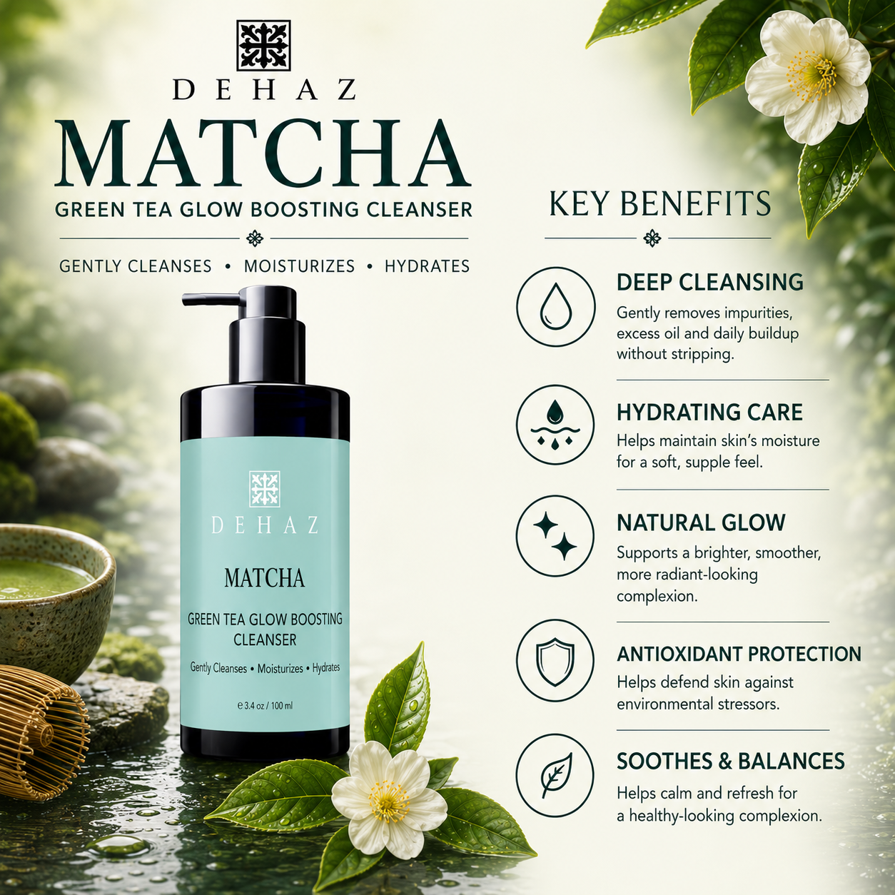 Matcha Green Tea Cleanser creamy texture — hydrating antioxidant cleanser for dull and sensitive skin