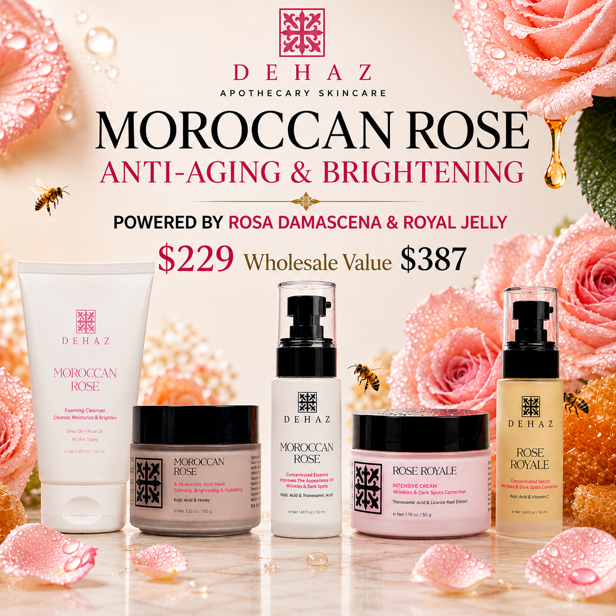 "DEHAZ Moroccan Rose anti-aging and brightening skincare bundle — foaming cleanser, hyaluronic acid mask, concentrated essence, intensive cream, and serum, powered by Rosa Damascena and Royal Jelly"